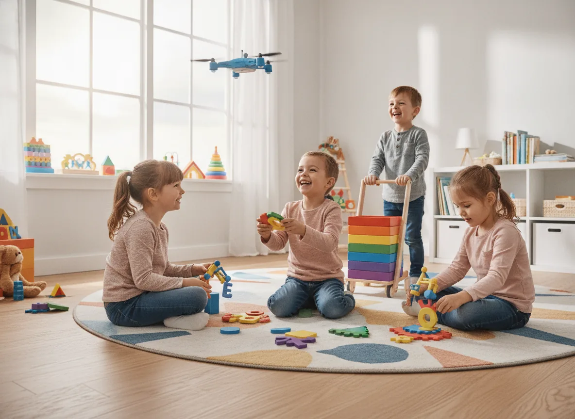 Happy young children playing together with colorful educational